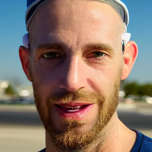 Image similar to color photograph of a 40 year old white Jewish Israeli skinny man with short, curly, blond hair and very small blue eyes, dressed in a white t shirt, gray shorts and a gray cabby cap, with a small mole to the right of his very thin lips, with a straight nose and blond stubble, with a round face, and an earring in the left ear. He resembles a lion.