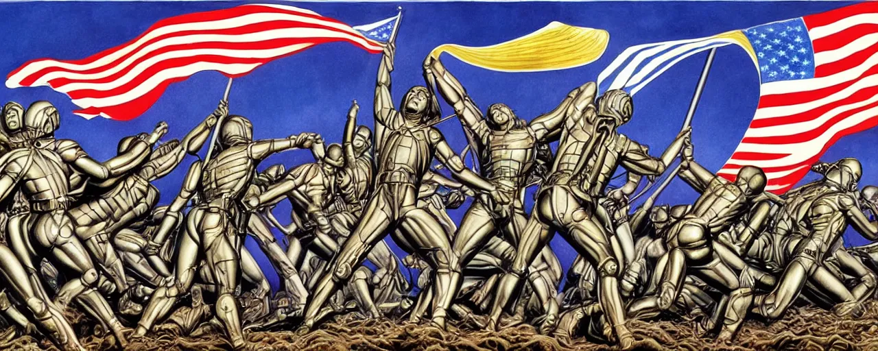 Image similar to androids raising the flag on iwo jima in the style of alex grey and hr giger