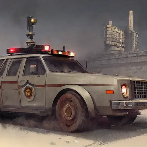 Image similar to a highly detailed epic cinematic concept art CG render digital painting artwork costume design: dieselpunk Soviet 1980s police patrol car. By Greg Rutkowski, Ilya Kuvshinov, WLOP, Stanley Artgerm Lau, Ruan Jia and Fenghua Zhong, trending on ArtStation, subtle muted cinematic colors, made in Maya, Blender and Photoshop, octane render, excellent composition, cinematic atmosphere, dynamic dramatic cinematic lighting, precise correct anatomy, aesthetic, very inspirational, arthouse