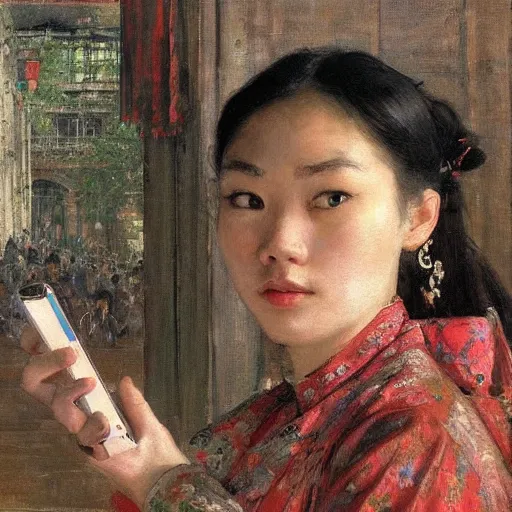 Image similar to portrait of asian beautiful woman watching smartphone masterpiece painting by vasnetsov and surikov, JEAN-VICTOR BERTIN, by Terence Cuneo, detailed, artfully traced, 4k resolution, cinematic