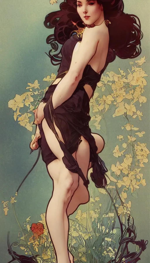 Prompt: diva in a cute pinup pose by artgerm, greg rutkowski and alphonse mucha, concept art, matte, intricate, full body, epic composition