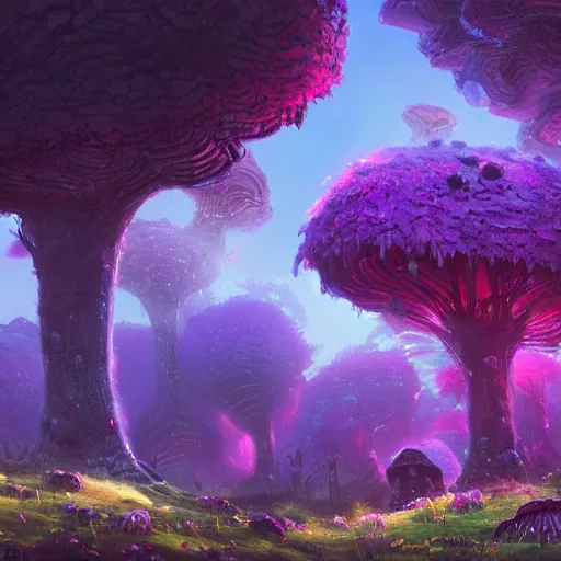 Prompt: concept art painting of a fantasy alien fungal landscape at night, magenta trees, glowing blue mushrooms, village of houses made of mushrooms, dark purple sky, realistic, detailed, cel shaded, in the style of makoto shinkai and greg rutkowski and albert bierstadt and james gurney