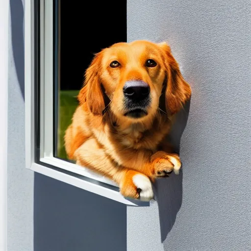 Prompt: ultrawide photo of dog near aluminium window, 8k,