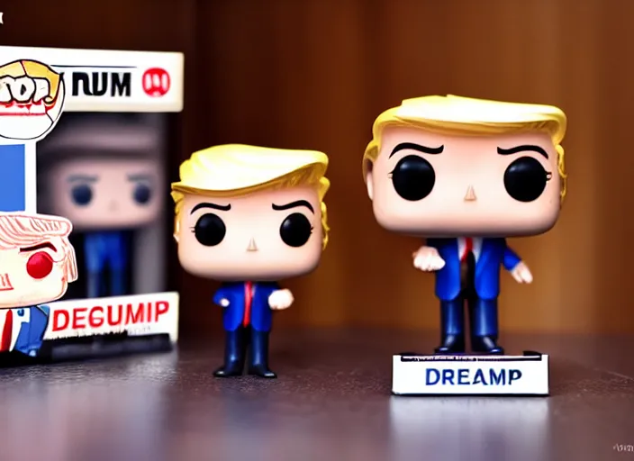 Image similar to !dream product still of Donald Trump funko pop with box, 85mm f1.8