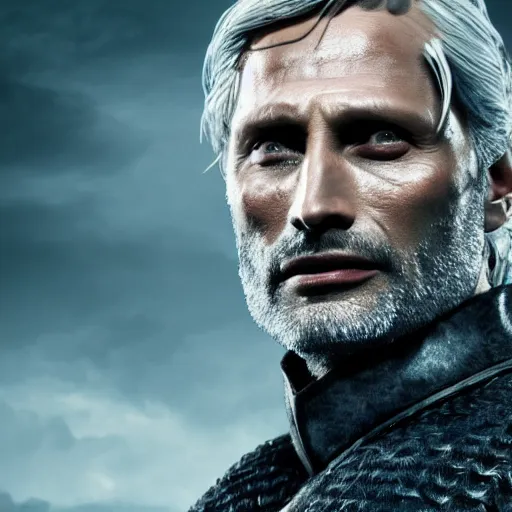 Image similar to mads mikkelsen as Gerald The witcher, concept art, high definition, professional photography, 8k