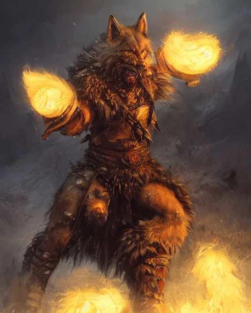 Image similar to oil painting of Angry Anthropomorphized Wolf Berserker, wearing fur armor, claws, sharp focus, attack pose, fantasy style, octane render, volumetric lighting, 8k high definition, by greg rutkowski, highly detailed, trending on art Station, magic the gathering artwork, burning Battlefield background, centered