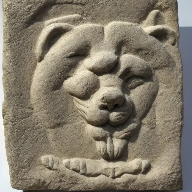 Prompt: ancient Babylonian stone bas relief of a shiba-inu's face