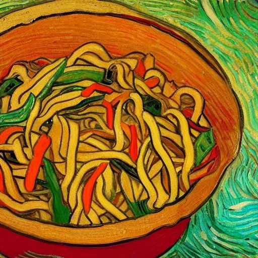 Prompt: painting of chicken lo mein, spicy, by vincent van gogh