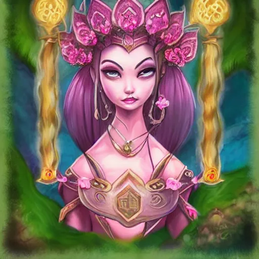 Image similar to pink lotus flower warrior queen wearing pink floral lotus crown, hearthstone art style, epic fantasy style art, fantasy epic digital art, epic fantasy card game art