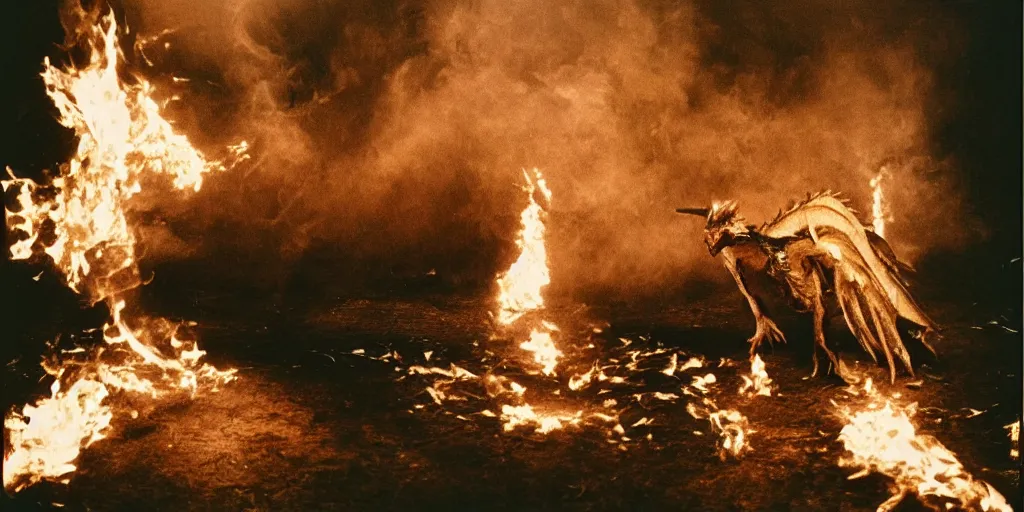 Prompt: Dragon Breathes fire , frightening, ghastly, photorealistic, old film, 35mm film, found film, scary, ominous,, by bruce davidson, on hasselblaad