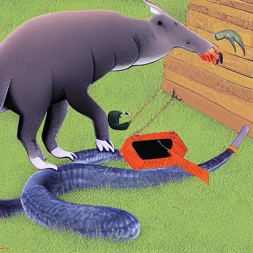 Prompt: the aardvark plays with the anaconda on a friday while taking out the trash, digital art