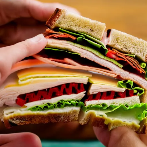 Prompt: close-up of a turkey club sandwich eating a person's hand, highly detailed, hyper-realistic