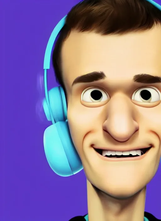 Image similar to vitalik buterin in headphones starring in pixar cartoon. vitalik buterin, medium shot, perfect symmetric face, coherent eyes, pixar cartoon style, beautiful smiling face, high detail, very sharp, 4 k