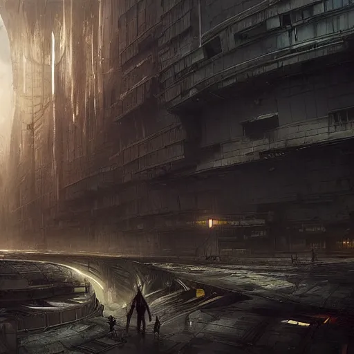 Prompt: abandoned sci-fi city volumetric mystical and dramatic realistic lighting, concept art, fantasy, matte painting, in the style of Greg Rutkowski and H.R. Giger and artemisia, highly detailed