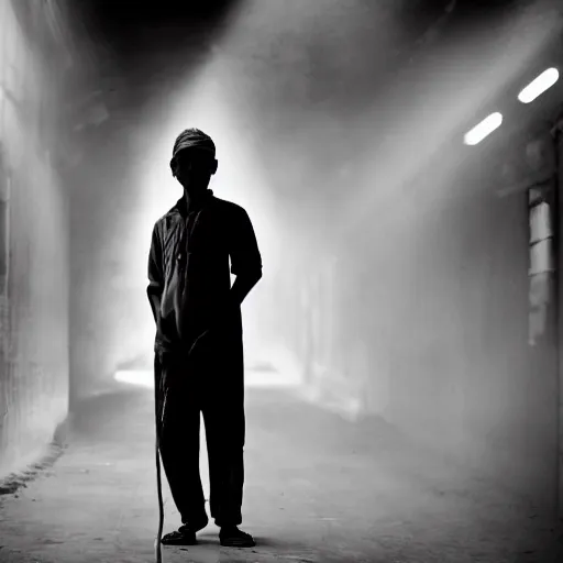 Image similar to a dramatic portrait of worker from asia, cinematic lighting