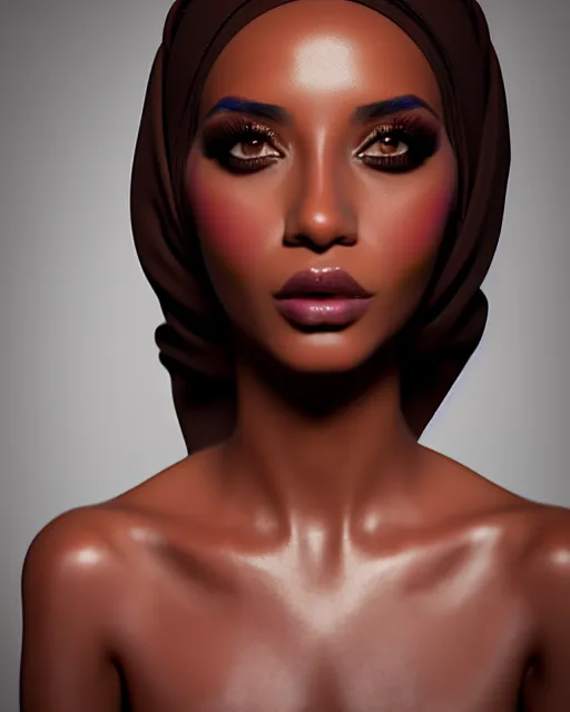 Prompt: beautiful female, arabic, haze, model, brown skin, symmetrical!!, makeup, sephora, maybelline, cinematic, filmic, vsco, concept art, artstation, elegant, model, gorgeous, vray, flim, octane render, cinema 4 d, art by brenda zlamany