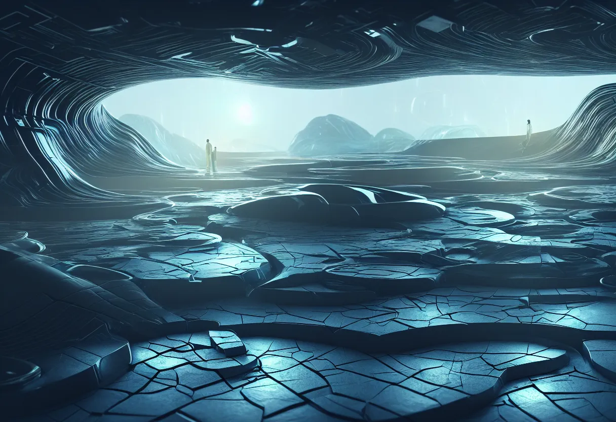 Image similar to inside of futuristic bitcoins flowing landscape of human mind and imagination, matte painting, beautiful render, octane render, concept art