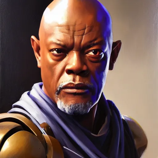 Image similar to greg manchess portrait painting of armored mace windu as overwatch character, medium shot, asymmetrical, profile picture, organic painting, sunny day, matte painting, bold shapes, hard edges, street art, trending on artstation, by huang guangjian and gil elvgren and sachin teng