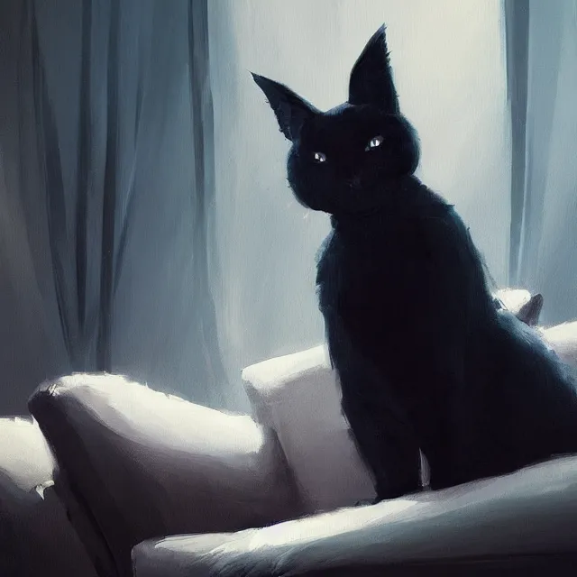 Prompt: a painting of a cute black cat on a couch. character design by cory loftis, fenghua zhong, ryohei hase, ismail inceoglu and ruan jia. volumetric light, detailed, rendered in octane