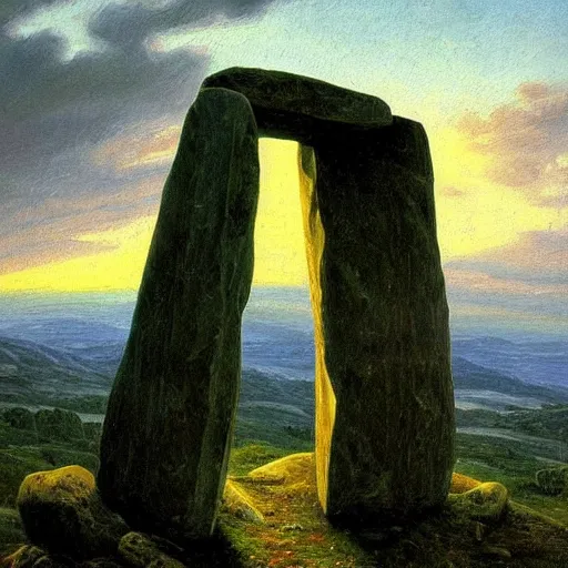 Image similar to a beautifully detailed oil painting of a menhir covered in celtic runes, on the top of a hill, dusk, caspar david friedrich, artstation