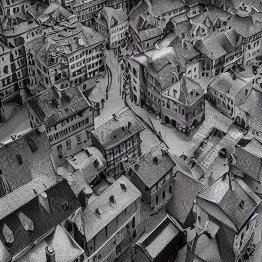Image similar to an ultra detailed black and white matte painting of the quaint town of galic, grid shaped city cobblestone streets, fantasy city, the morning after a heavy snowfall, wind, inspiring gothic architecture, ultrawide lense, aerial photography, unreal engine, exquisite detail, 8 k, art by greg rutkowski and alphonse mucha