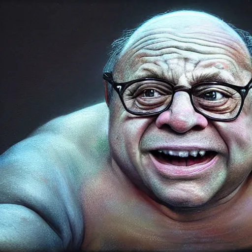 Image similar to hyperrealistic mixed media high resolution painting of (Danny DeVito) is Gollum, stunning 3d render inspired art by Jamie Salmon and István Sándorfi and Unreal Engine and Greg Rutkowski, perfect facial symmetry, dim volumetric lighting, 8k octane beautifully detailed render, full body shot, post-processing, extremely hyper-detailed, intricate, epic composition, highly detailed attributes, highly detailed atmosphere, cinematic lighting, masterpiece, trending on artstation, very very detailed, masterpiece, stunning, flawless completion, lifelike texture, perfection,