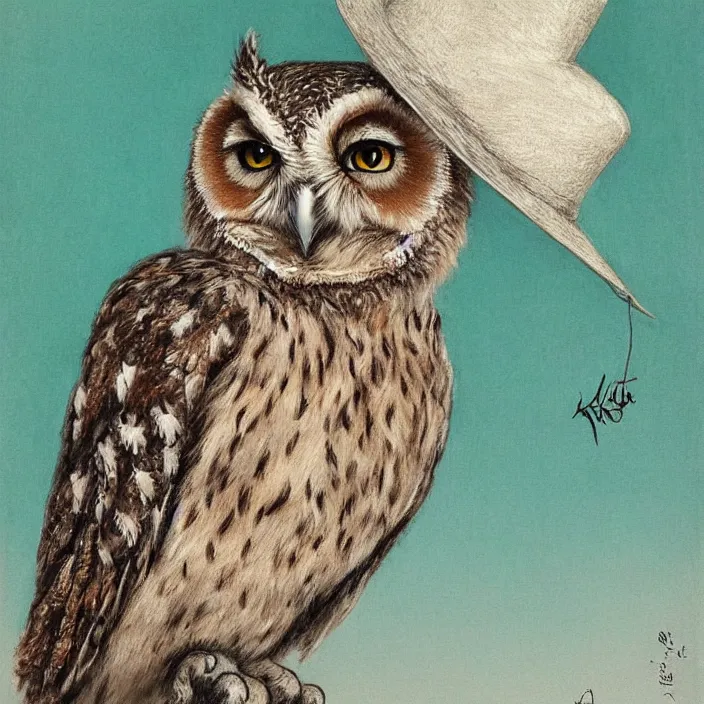 Prompt: realistic cute owl wearing a birthday hat by koson ohara