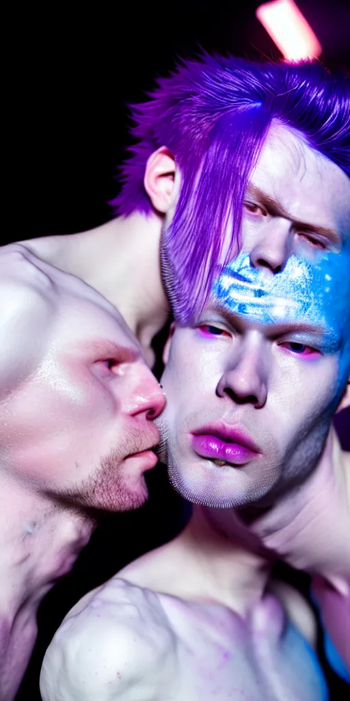 Image similar to hyperrealistic close-up of beautiful albino man kissing another man with purple hair and pearlescent blue skin james paick machiej kuciara very dramatic neon lighting on one side wide angle 35mm shallow depth of field