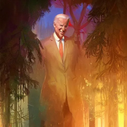 Image similar to ultra realistic illustration of magical joe biden!!!, forest, fantasy, colorful lights, intricate, elegant, highly detailed, digital painting, artstation, concept art, smooth, sharp focus, illustration, art by artgerm and greg rutkowski and alphonse mucha