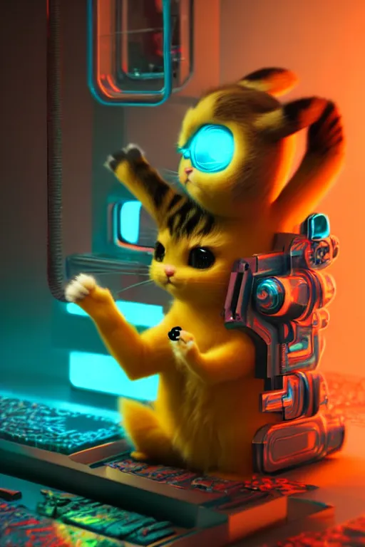 Image similar to high quality 3 d render very cute cyborg cat eating candy, cyberpunk highly detailed, unreal engine cinematic smooth, in the style of blade runner & detective pikachu, hannah yata charlie immer, moody light, low angle, uhd 8 k, sharp focus