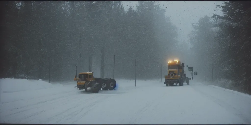 Image similar to photo, big snow plow truck is in the distance with a bright headlighta. cold color temperature, snow storm. hazy atmosphere. humidity haze. kodak ektachrome, greenish expired film, award winning, low contrast,