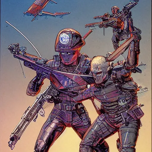 Image similar to futuristic doppelsoldner in combat by James Gurney and moebius.