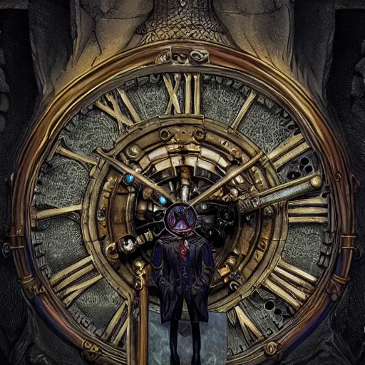 Prompt: clock, hands of time, arcane magic clockwork demon, steampunk, ice demon in the style of michael whelan and gustave dore. hyperdetailed photorealism by greg rutkowski. 1 0 8 megapixels, 3 d finalrender, cinematic lighting