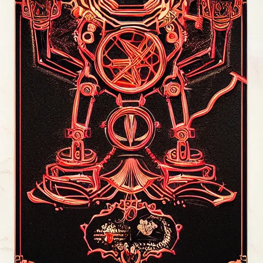 Image similar to black paper + elements + red + black + neon + baroque + rococo + ink + tarot card with ornate border frame + sebastien mitton, viktor antonov, sergey kolesov, detailed, intricate ink illustration + magic + glow + outline + laser + red + black + detailed robot falcon