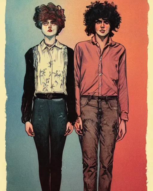 Prompt: two beautiful but creepy young nonbinary people wearing oxford button down shirts in layers of fear, with haunted eyes and wild hair, 1 9 7 0 s, seventies, wallpaper, a little blood, moonlight showing injuries, delicate embellishments, painterly, offset printing technique, by brom, robert henri, walter popp