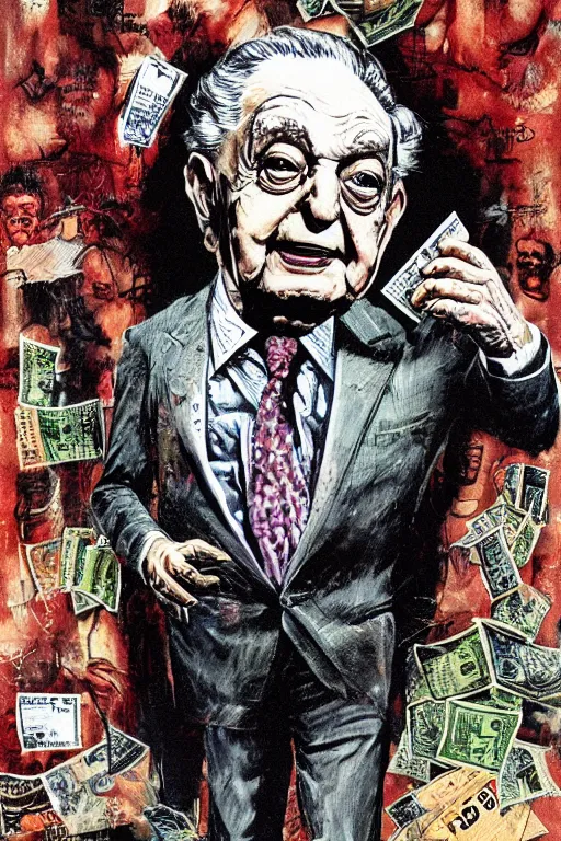 Image similar to George Soros full body shot, dollar bills Body horror, biopunk, by Ralph Steadman, Francis Bacon, Hunter S Thompson