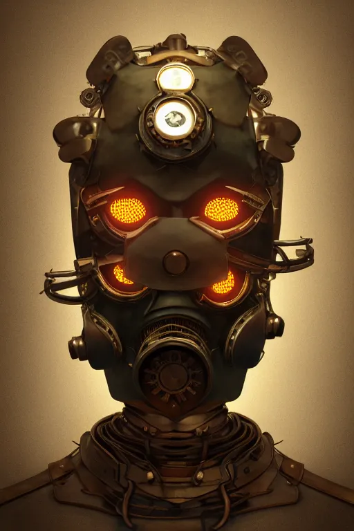 Image similar to steampunk mask minimalist fantasy art robot ninja helmet, global illumination ray tracing hdr fanart arstation by sung choi and eric pfeiffer and gabriel garza and casper konefal radiating a glowing aura