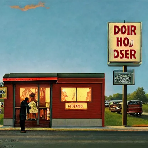 Image similar to a roadside diner open since the 7 0 s in ohio : with free coffee refills, daily specials, and a door you must never open, high quality high detail matte painting by david mattingly and norman rockwell and nc wyeth, hd, realistic, photorealistic lighting, composition and layout in the style of gregory crewdson, modern supernatural horror.