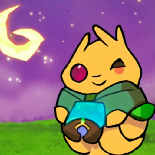 Image similar to dedenne holding a rainbow gem