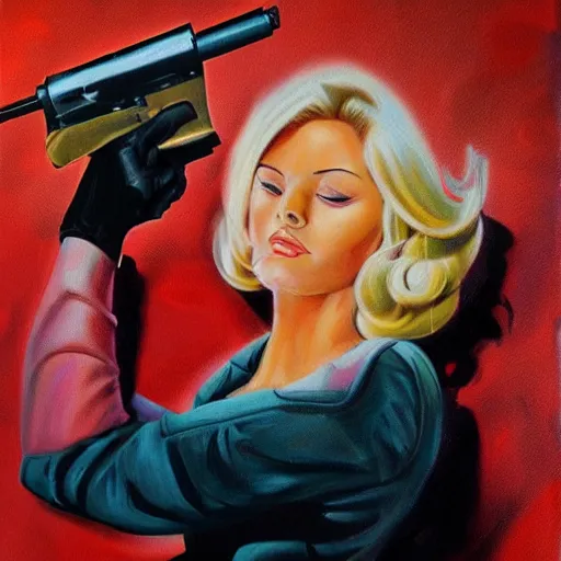 Prompt: blond woman firing shotgun, airbrush art