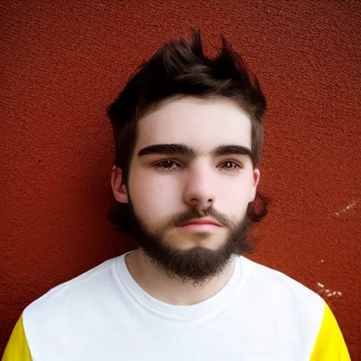 Prompt: The face of a white, black-haired teenager with a half beard on only one side of his face, looking at the camera, under white and yelllow balls, profile picture.