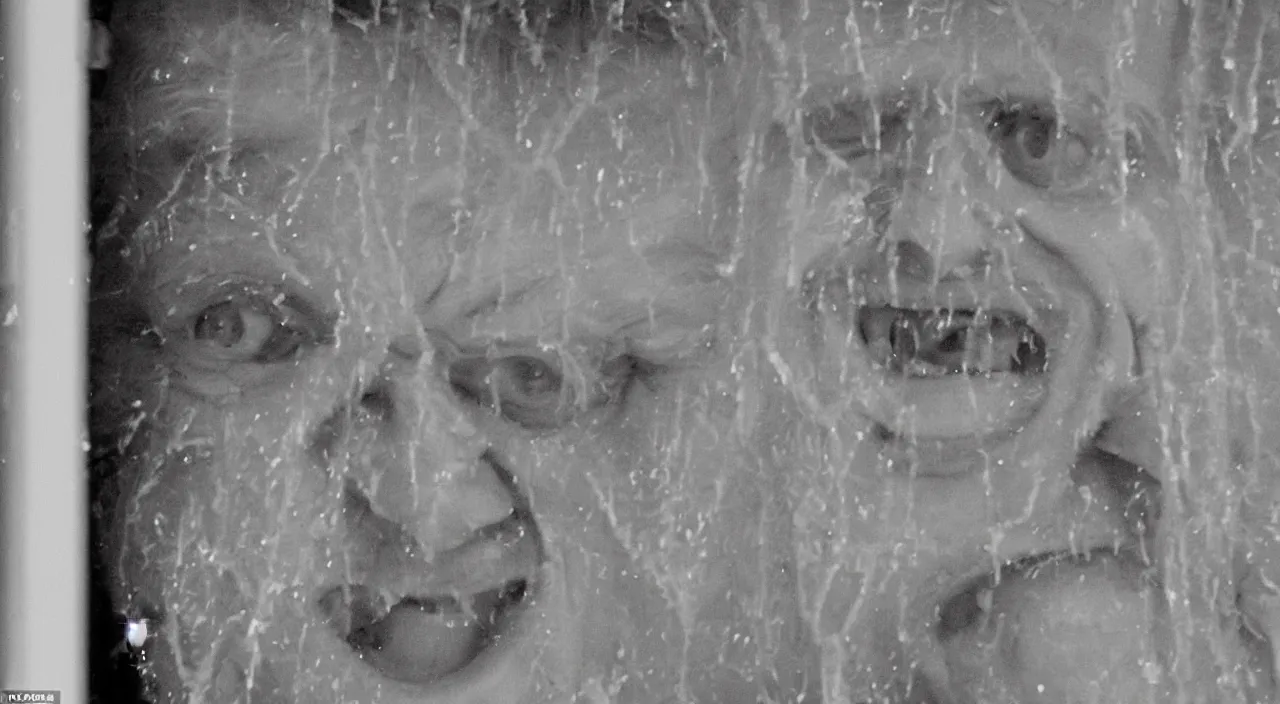 Image similar to a zoomed out photo taken from the inside of an old house, showing window blinds being pulled back to reveal a terrifying boris johnson his unhinged face pressed against the window and his bloody hands placed on the window, horrifying grin. horror, raining, night time