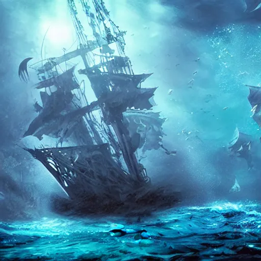 Image similar to ghosts pirate ship underwater by ross tran. movie still, below water