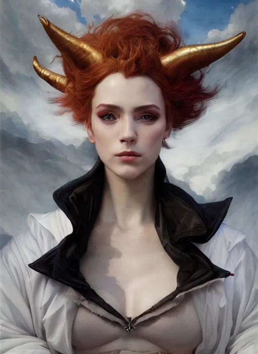 Prompt: mage demon half human, elegant, wearing a bomber jacket, armor, hyper realistic, white horns, extremely detailed, dnd character art portrait, fantasy art,, dramatic lighting, vivid colors, artstation, by edgar maxence and caravaggio and michael whelan and delacroix, lois van baarle and bouguereau
