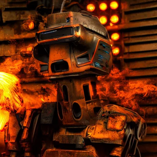 Image similar to toaster oven mecha head, dark messy smoke - filled cluttered workshop, dark, dramatic lighting, orange tint, sparks, cinematic, highly detailed, sci - fi, futuristic, movie still