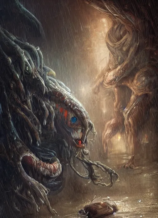 Image similar to digital painting of a wet smily monster in the rain, with translucent skin, veiny, long freaky finger, by filipe pagliuso and justin gerard, fantasy, highly detailed, realistic, intricate, glowing eyes