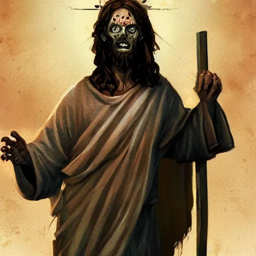 Prompt: zombie jesus christ with cross, greg rutkowski, trending on artstation,