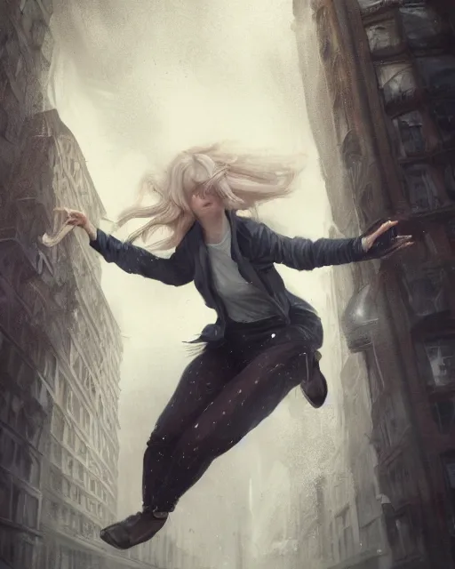 Image similar to an action realistic fine art painting of a early twenties female parkouring in the city with flowing blonde hair, inspired by Tom Bagshaw and David Stoupakis, studio portrait, muted colors, detailed hair, cinematic lighting, trending on artstation, 4K