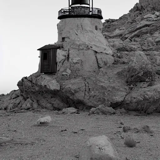 Prompt: an old lighthouse in the middle of the desert sitting on a rock, post apocalyptic