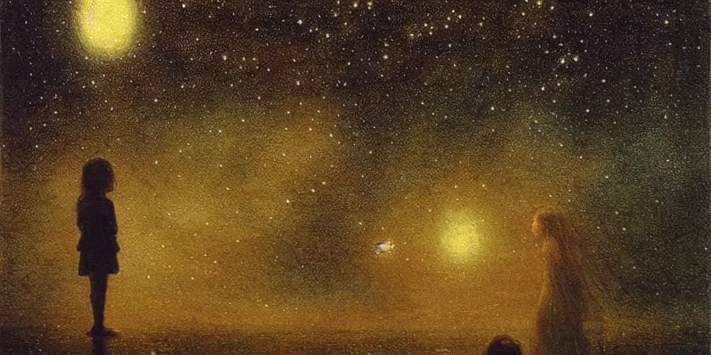Prompt: the sky is a starry sky, gorgeous nebula is born, big scene, below is a very small girl standing in a star - like water, the girl is wearing a gorgeous dress, golden, gorgeous, shocking, like the universe ， trending on john atkinson grimshaw